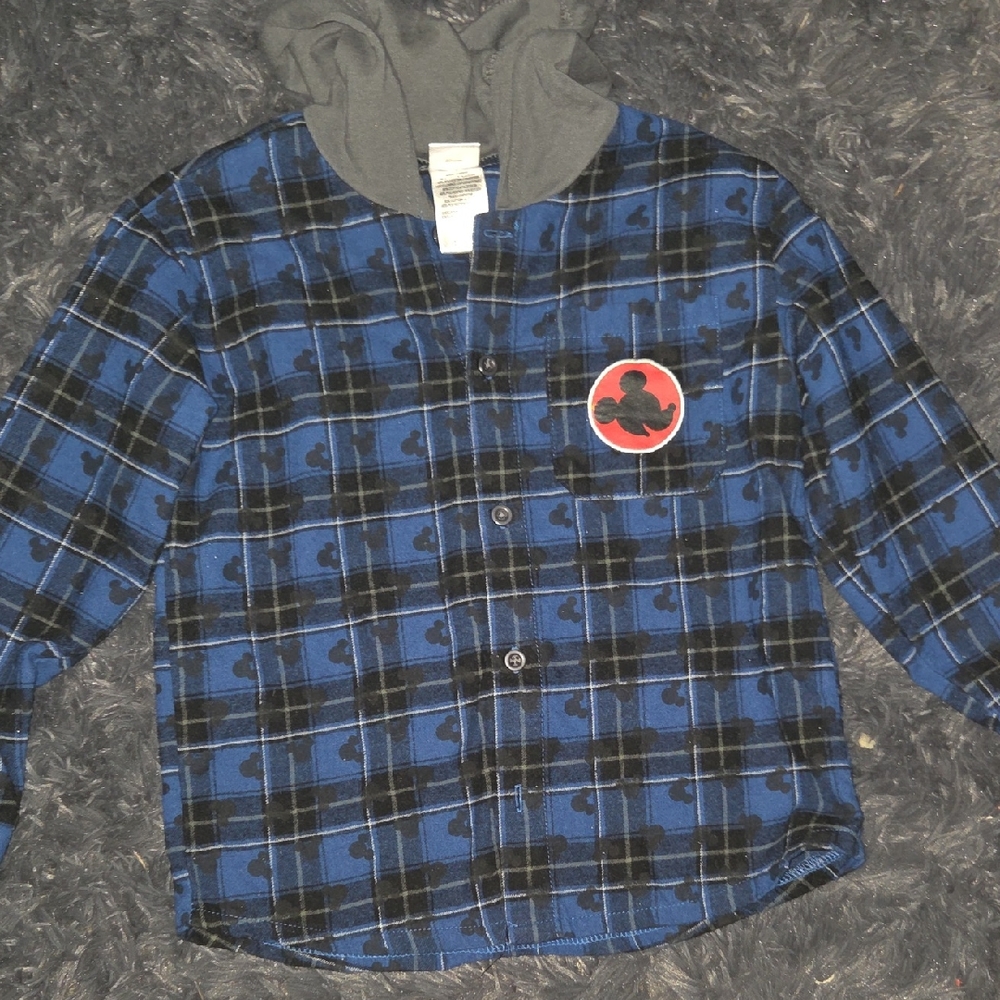 Disney Blue and Black Plaid Hooded Long Sleeve Tee
